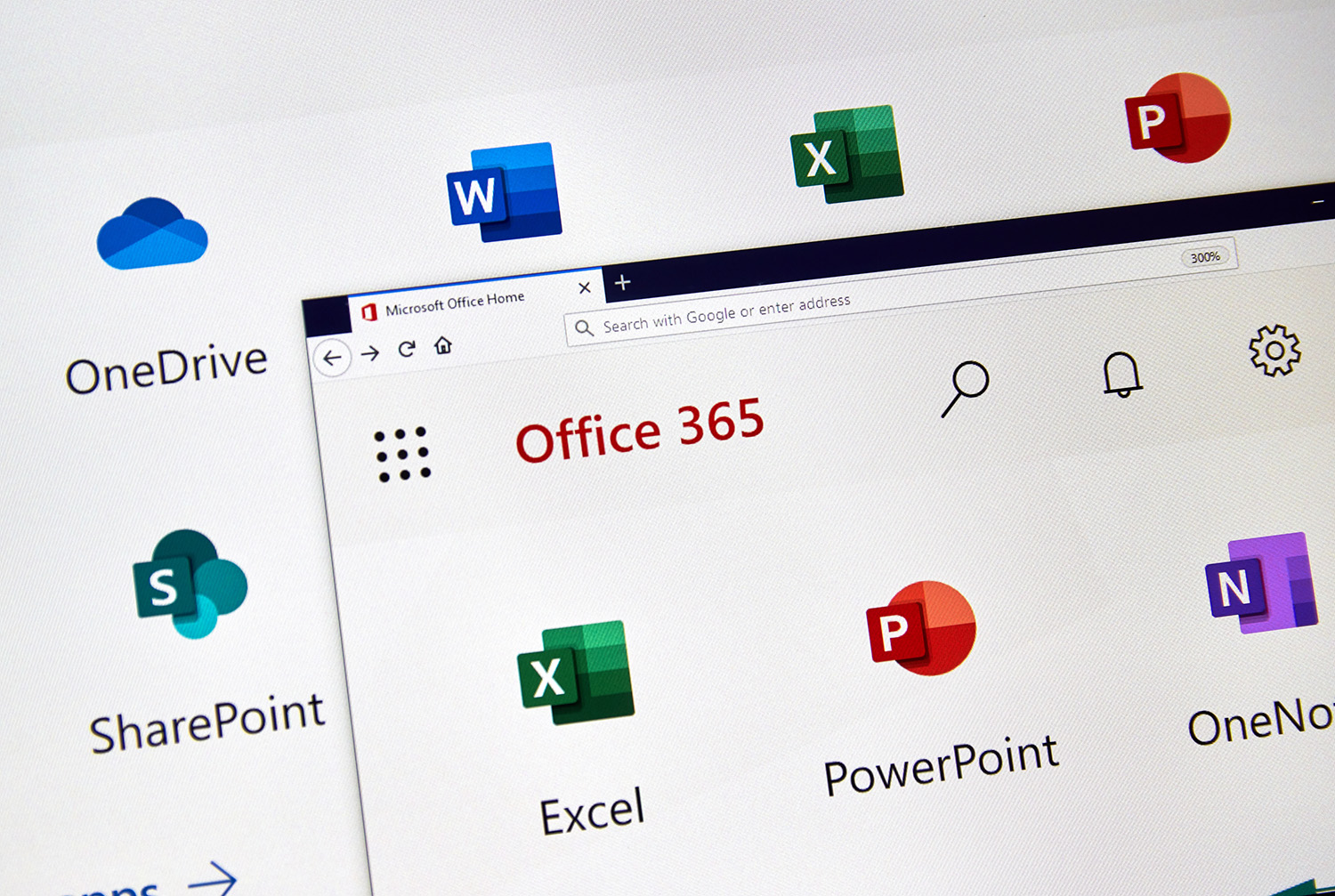 Microsofrt Office 365 new icons on a PC screen. Office 365 is the brand name Microsoft uses for a group of subscriptions that provide productivity software