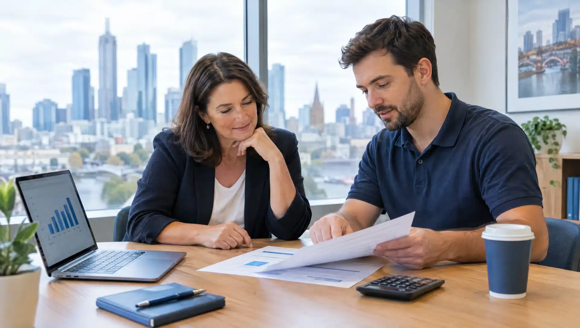 Home 17 IT consultant and business owner reviewing a managed IT services quote in a Melbourne office